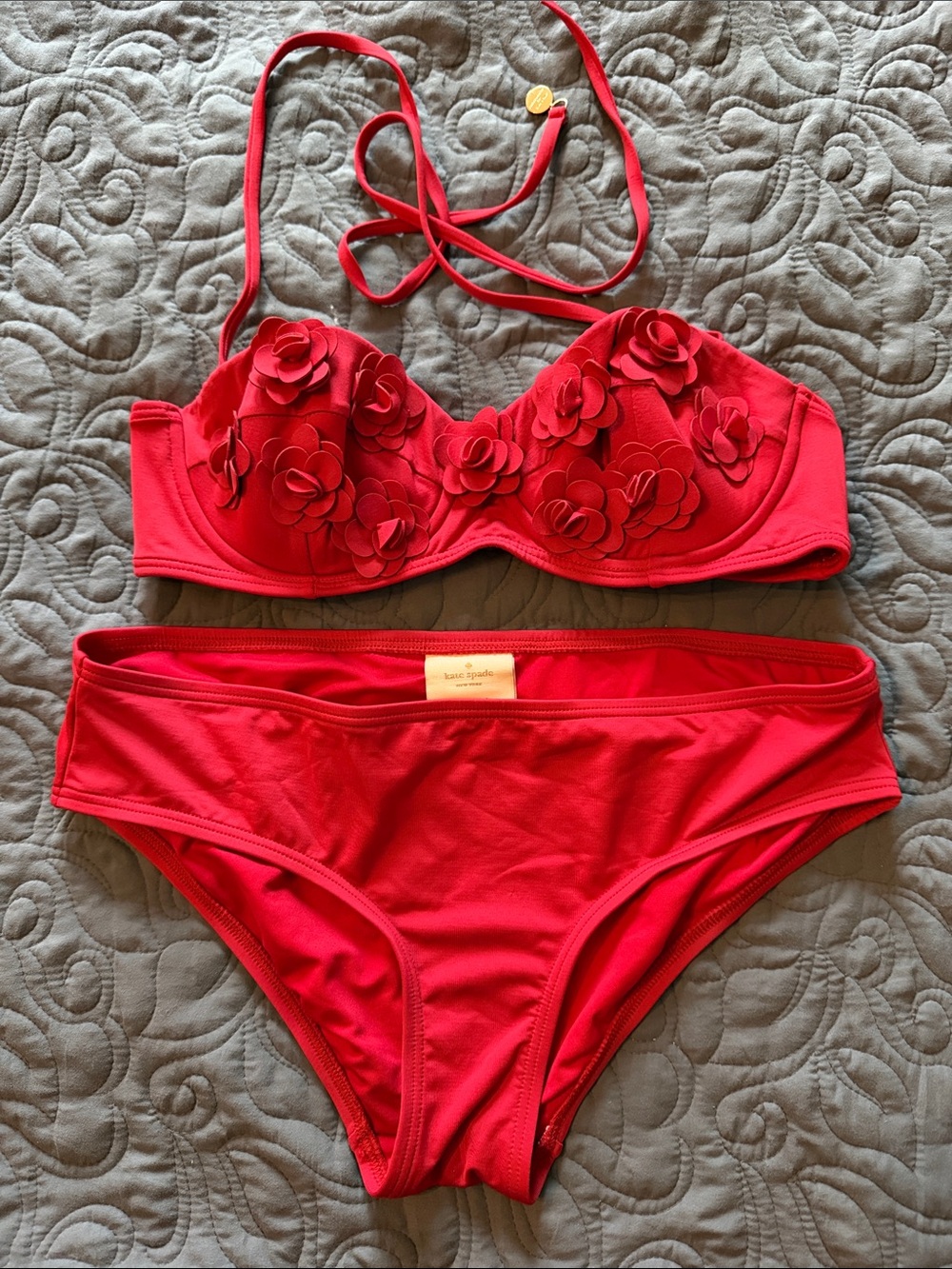 kate spade Red Floral Appliqué Bandeau Bikini Set